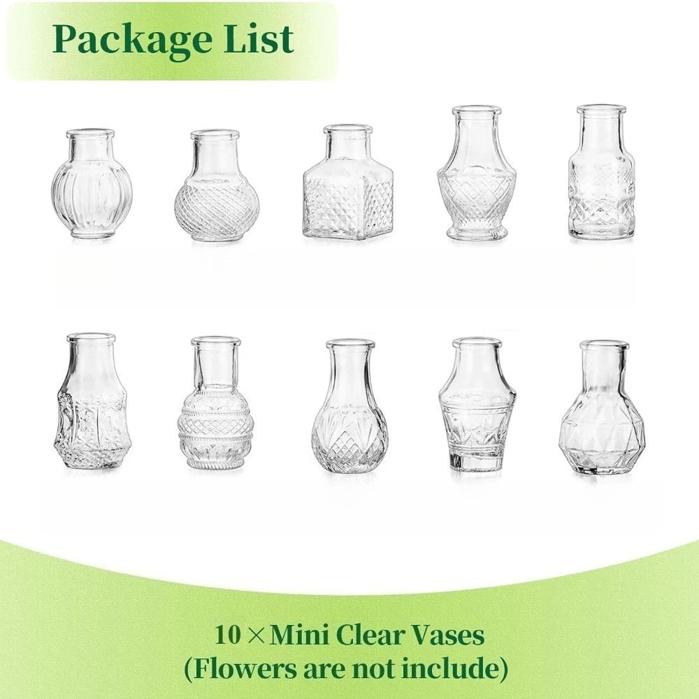 A package list showing ten clear glass bud vases of various shapes and sizes for home decor
