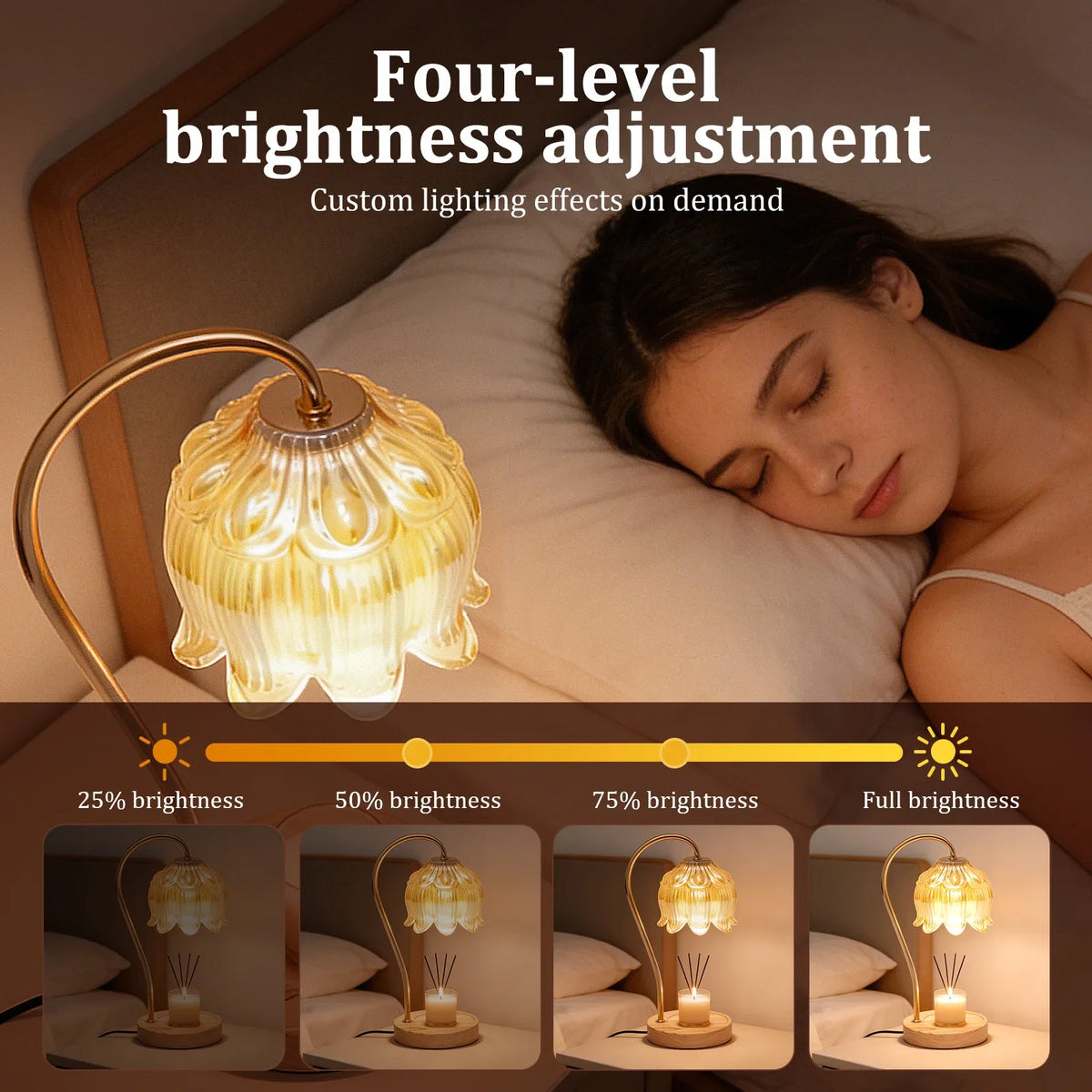 A four-level brightness adjustment lamp illuminating a woman sleeping, showing various light settings.