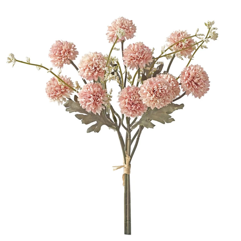A bouquet of pink silk chrysanthemum artificial flowers on a wooden stick.