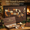 A wooden USA travel map puzzle framed in a dark wood box with stickers and gift ideas for travel lovers