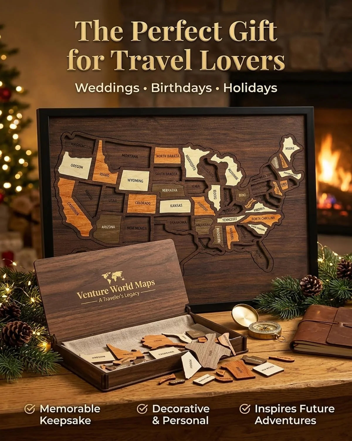 A wooden USA travel map puzzle framed in a dark wood box with stickers and gift ideas for travel lovers