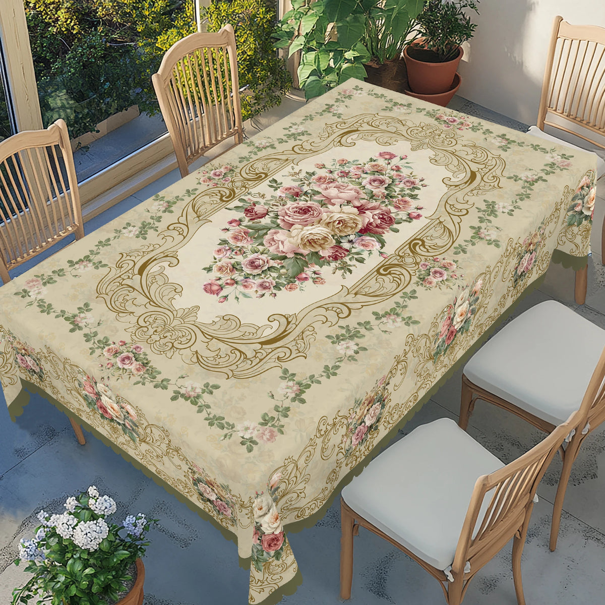 Vintage rose floral tablecloth spread over a wooden table with matching chairs in an outdoor setting