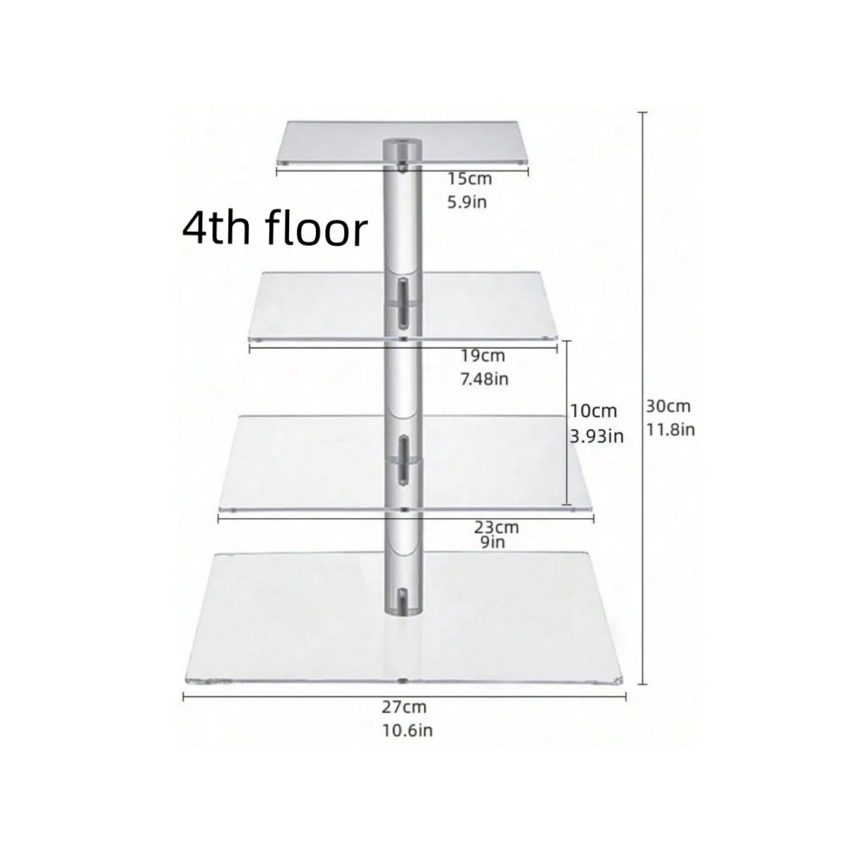 A clear acrylic cupcake stand with four tiers and a central rod, shown in a side view.