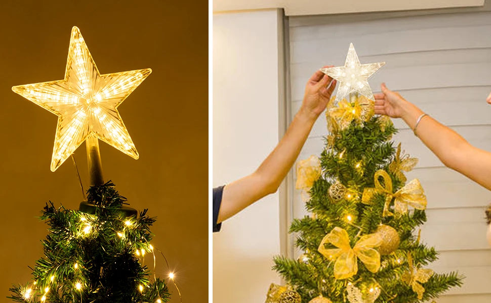 Hands place an LED glowing star topper on a decorated Christmas tree.