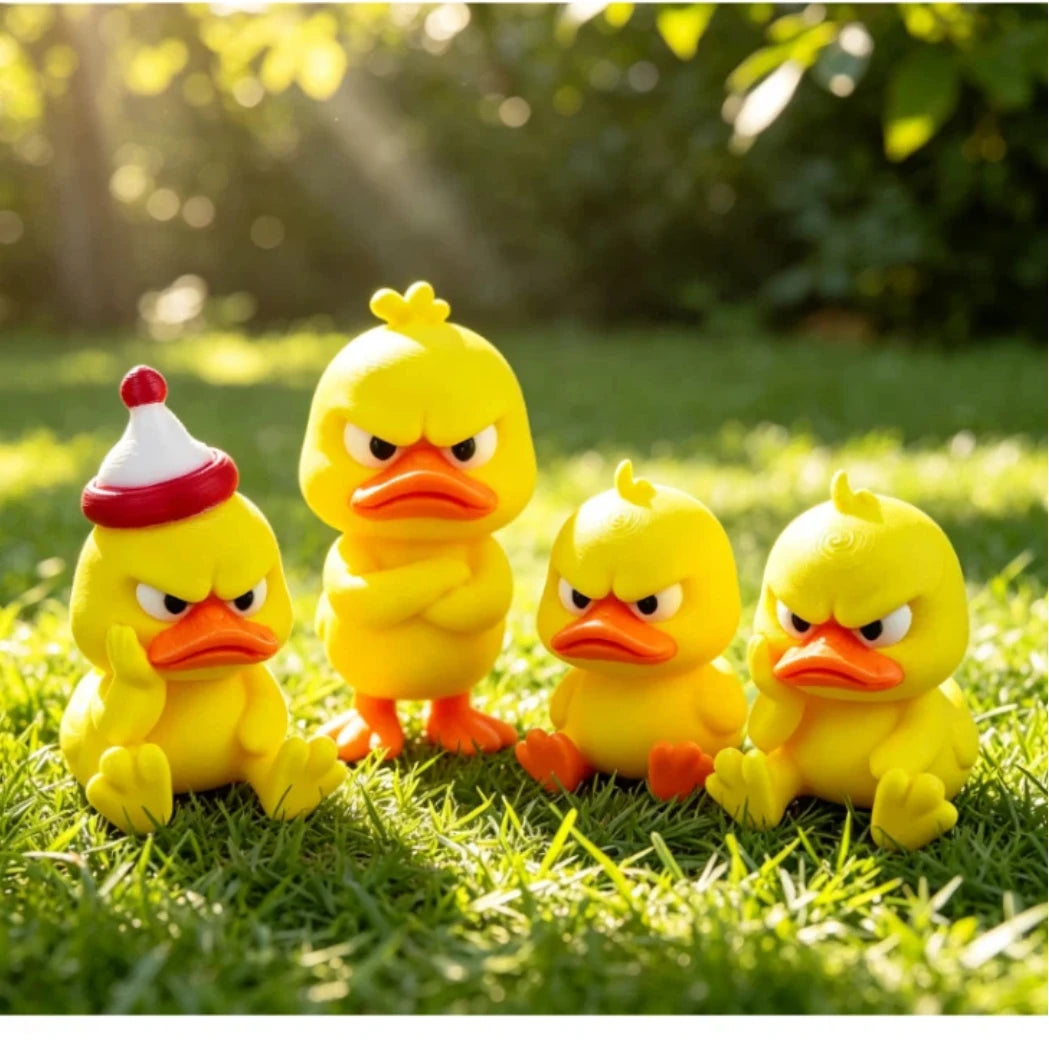Three yellow 3D printed angry duck figurines sitting on green grass with sunlight filtering through.
