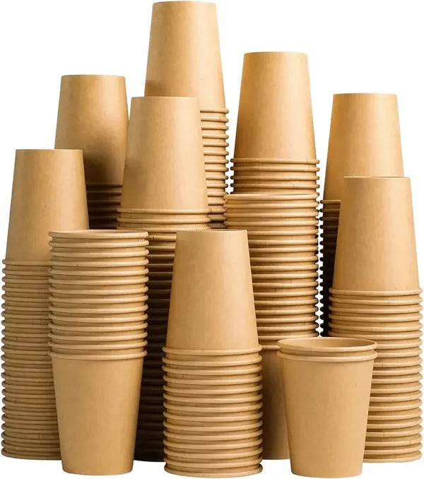 A stack of unbleached kraft paper disposable cups for hot and cold drinks.