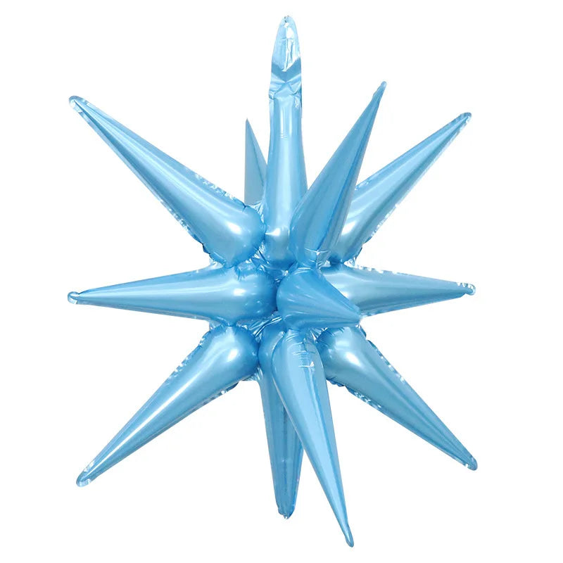 A cluster of light blue star burst foil balloons for party decor