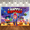 A colorful illustration featuring various video game characters celebrating a happy birthday with a large text banner.