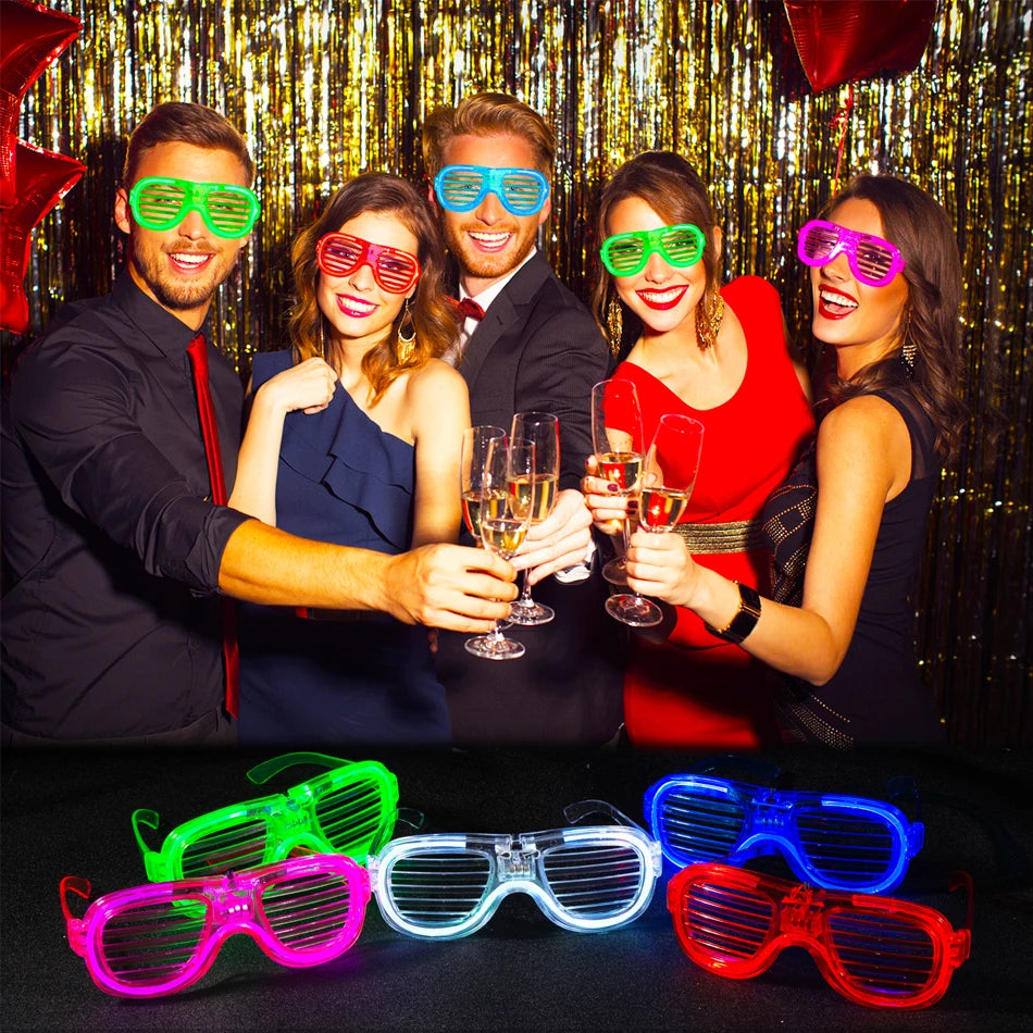 Group of five people wearing various colored LED light-up glow glasses for a party photo