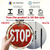 A round metal stop sign with the word STOP is shown in front and back views.