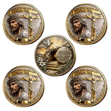A set of five commemorative coins featuring a depiction of Jesus Christ on a cross and a bearded man.