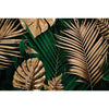 A vibrant backdrop featuring large tropical leaves in shades of green and gold.