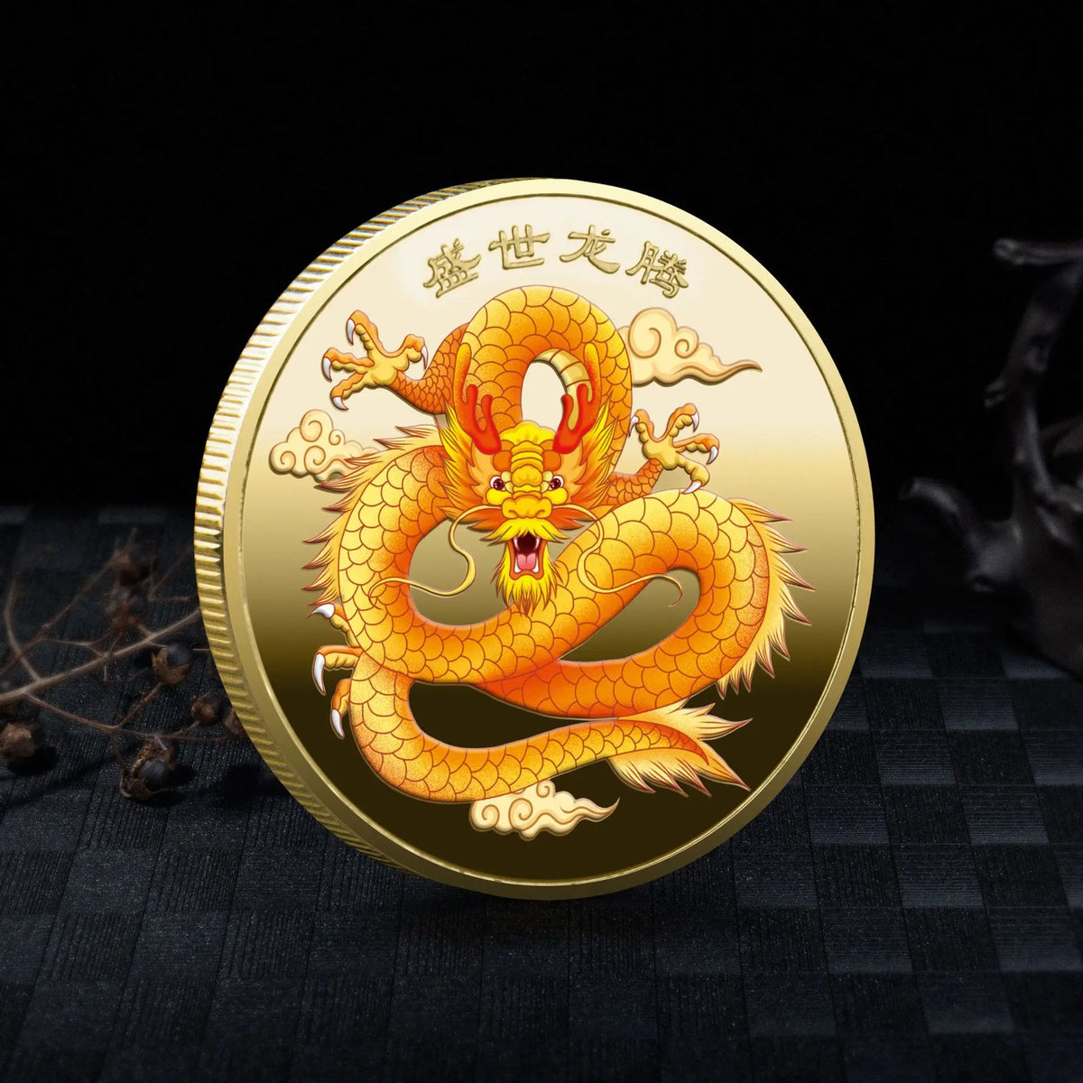 A round gold collectible coin featuring a detailed depiction of a golden dragon.