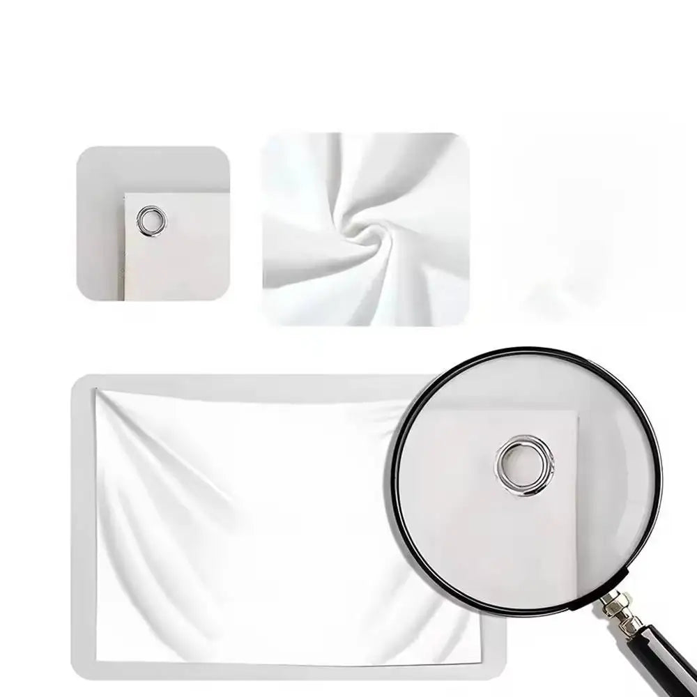 A white heavy rock band flag tapestry wall hanging shown in various forms including a square piece and a rectangular piece.