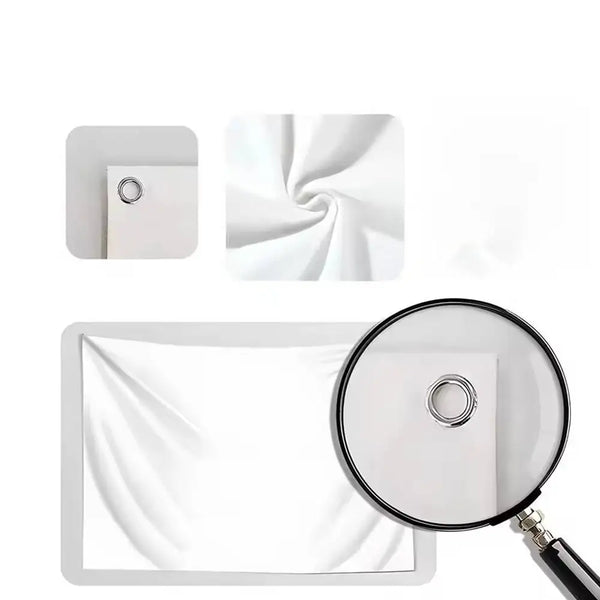 A white heavy rock band flag tapestry wall hanging shown in various forms including a square piece and a rectangular piece.