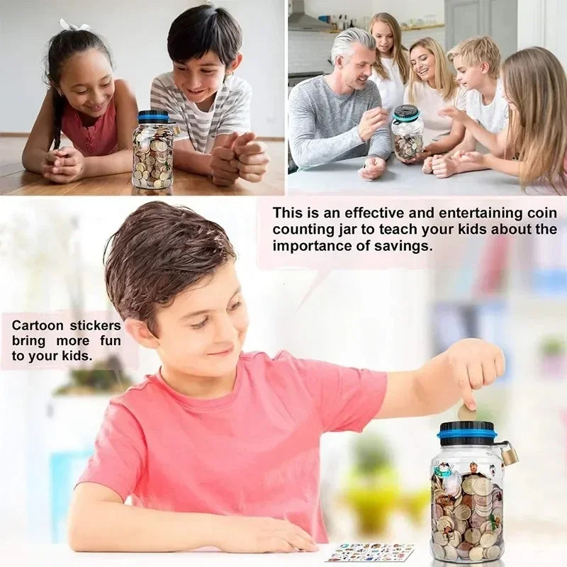 A boy is shown using a digital coin counting piggy bank to teach his kids about the importance of savings.