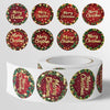 A set of 10 festive Christmas wreath stickers in red and green for gift wrapping and card decoration