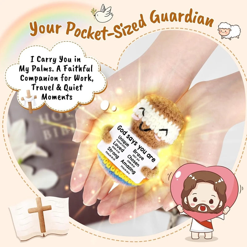 A handcrafted crochet animal doll is held in a person's palm, accompanied by a message card.