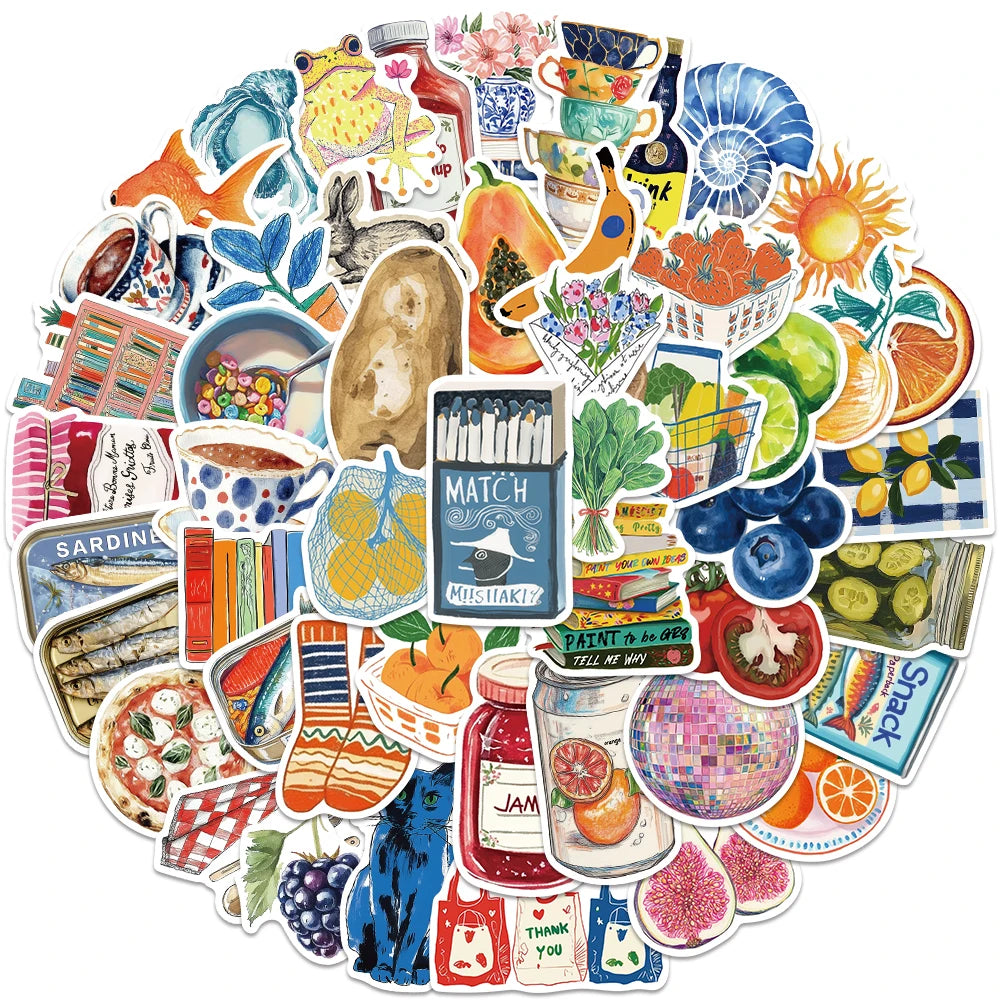 A collection of watercolor stickers featuring various fruits, vegetables, and food items like citrus, berries, and produce.