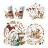 A set of disposable tableware featuring a western design with horses, cacti, and rustic elements.