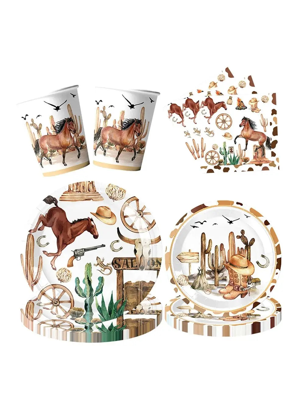A set of disposable tableware featuring a western design with horses, cacti, and rustic elements.
