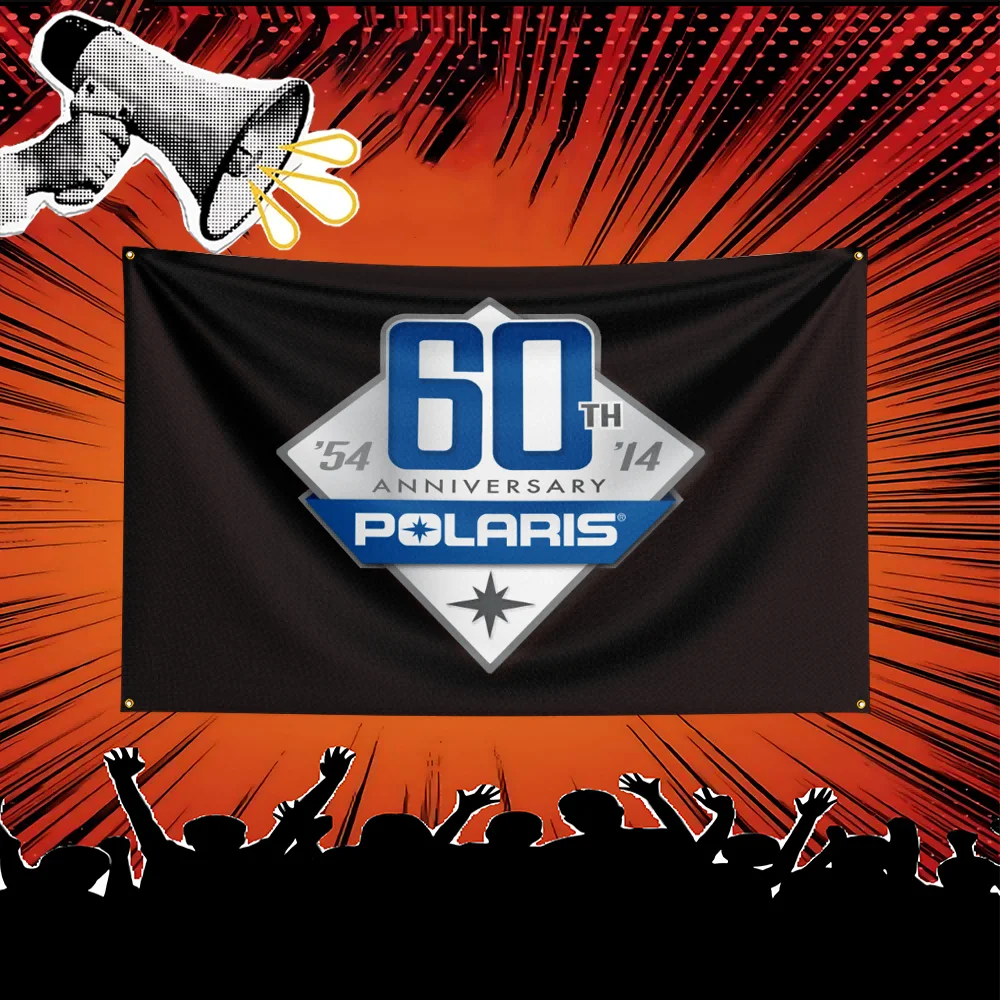 A black banner featuring the number 60th anniversary and Polaris logo against an orange background with radiating lines.