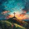 A painting depicting a cross on a hilltop against a dramatic sunset sky over rolling green hills.
