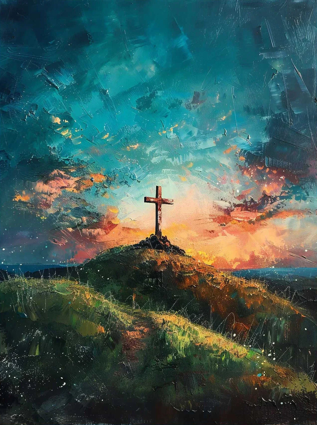 A painting depicting a cross on a hilltop against a dramatic sunset sky over rolling green hills.