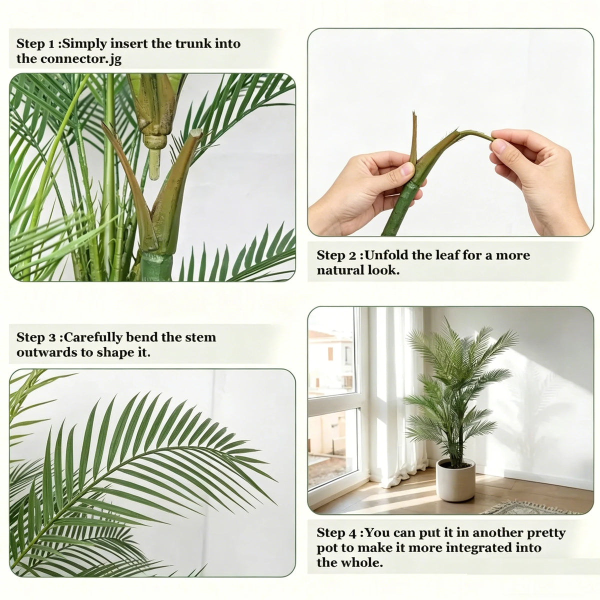 Instructions for assembling an artificial triple trunk palm tree, showing steps to insert the trunk and shape the leaf.