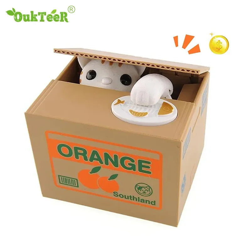 An orange cardboard box containing an interactive coin bank shaped like a white animal for kids.
