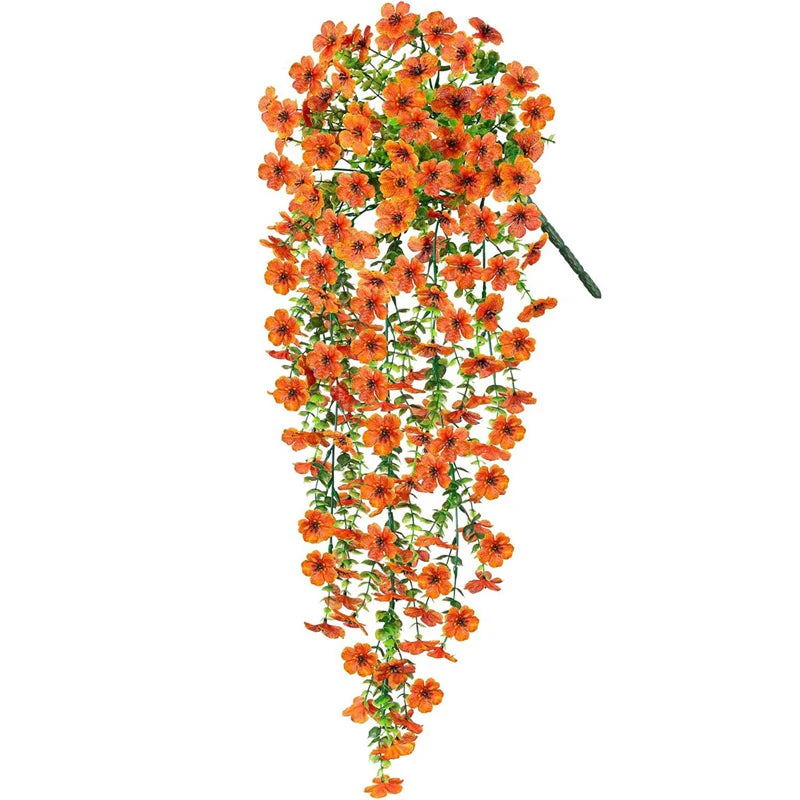 A vertical arrangement of orange artificial morning glory flowers with a UV-resistant finish.