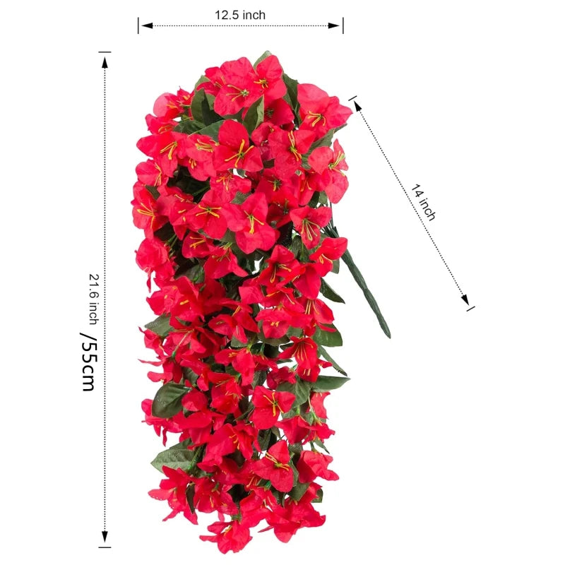 A vertical arrangement of bright red artificial bougainvillea vine flowers used for home and wedding decor.