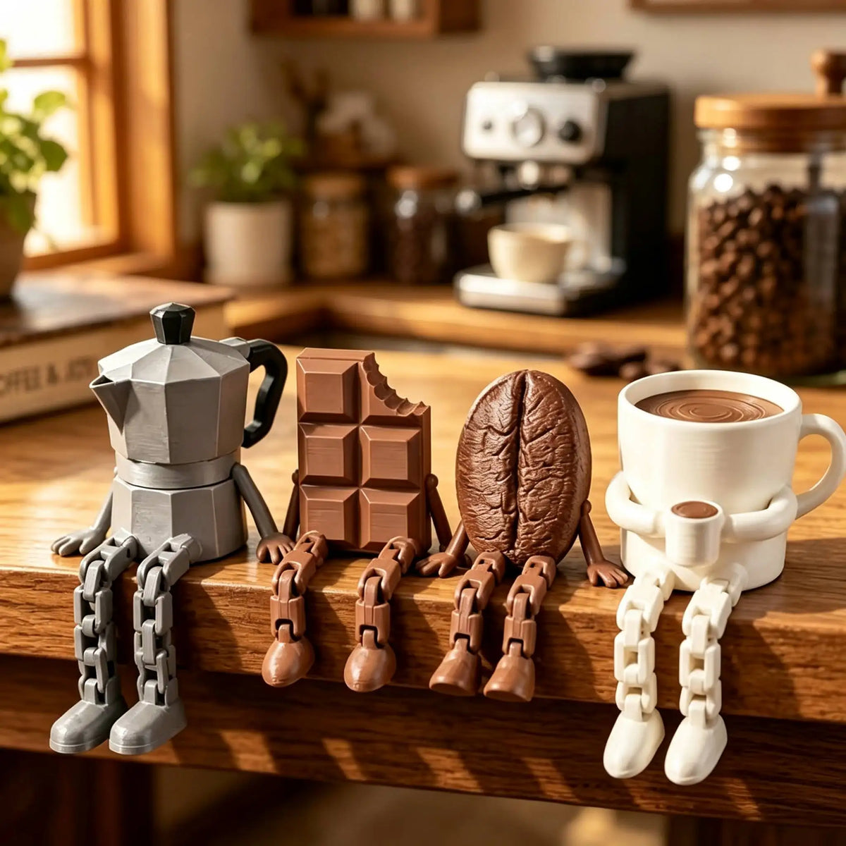 A set of 3D printed coffee bean cup figurines with articulated joints displayed on a wooden surface.
