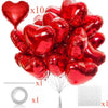 A bundle of ten red heart foil balloons with a string, shown next to a single balloon and a ring.