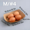 Four brown eggs are placed inside a light brown kraft paper food tray labeled M/#4.