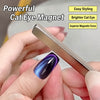 A hand holds a silver rectangle cat eye magnet with a purple iridescent gel polish on a fingernail.