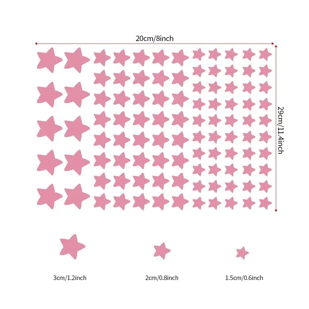 A grid of pink star wall decals with various sizes, including 3cm, 2cm, and 1.5cm options.