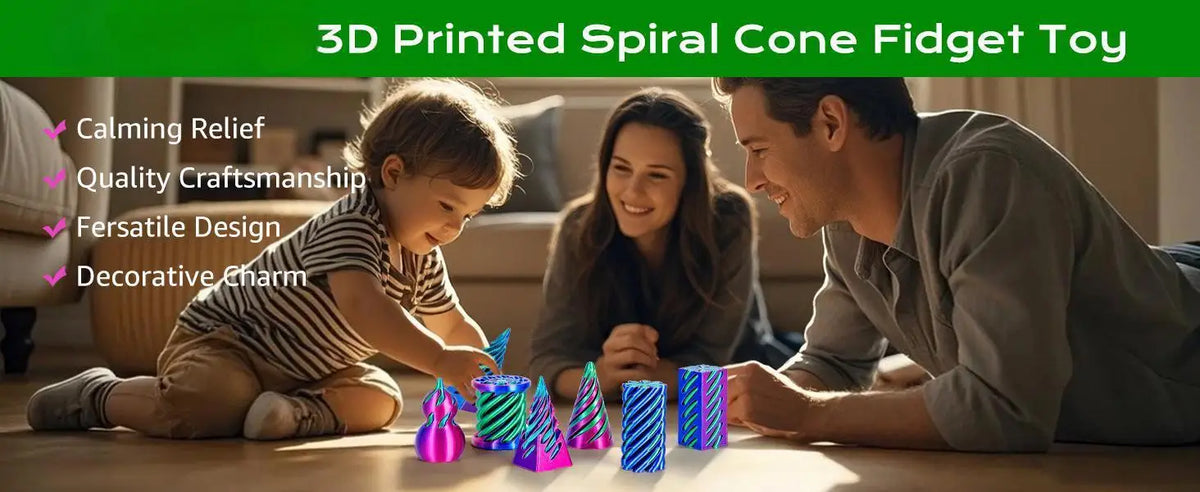 A family is playing with a set of 3D printed spiral cone fidget toys on a wooden table.