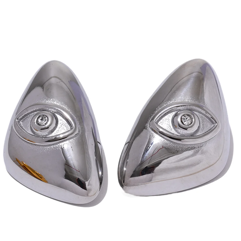 Pair of silver-toned geometric stud earrings shaped like an eye.