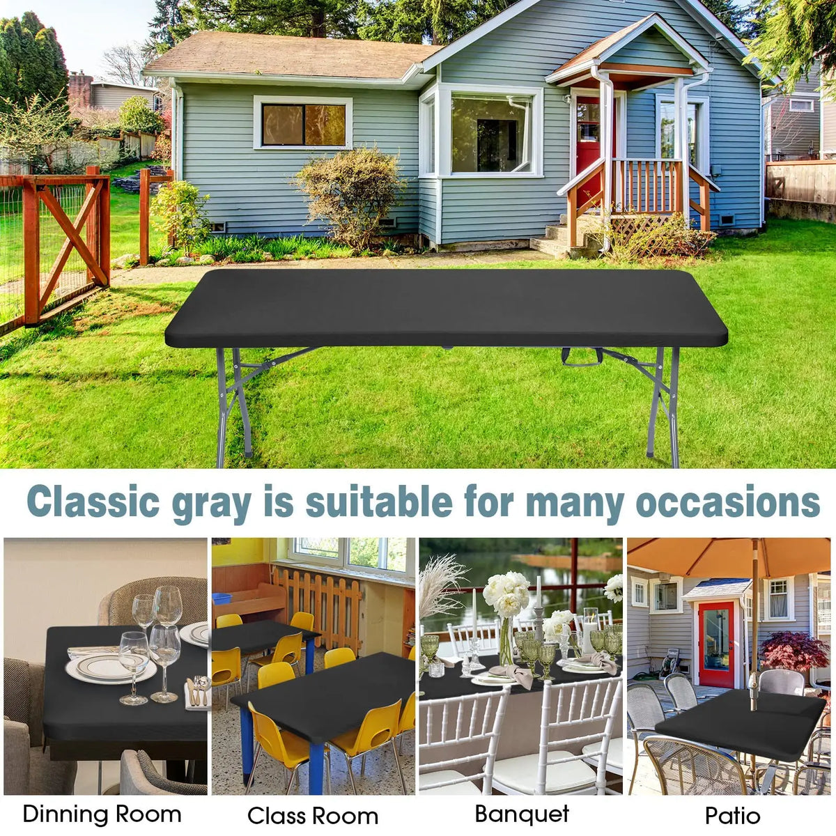 Various uses of a classic gray stretch elastic tablecloth cover including dining room, class room, banquet, and patio setting