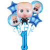 Blue balloons featuring baby figures and a large blue number one for a baby boss themed party