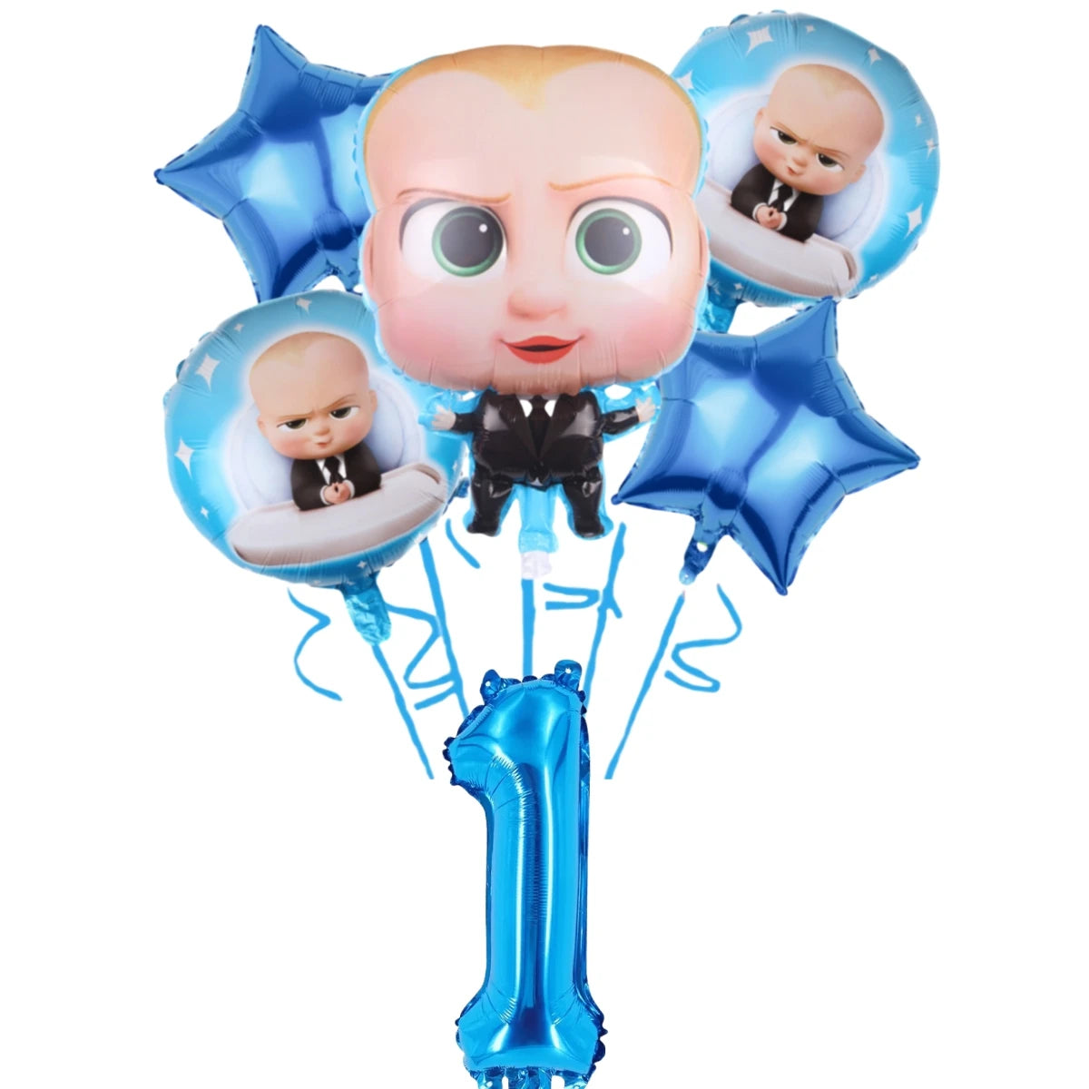 Blue balloons featuring baby figures and a large blue number one for a baby boss themed party