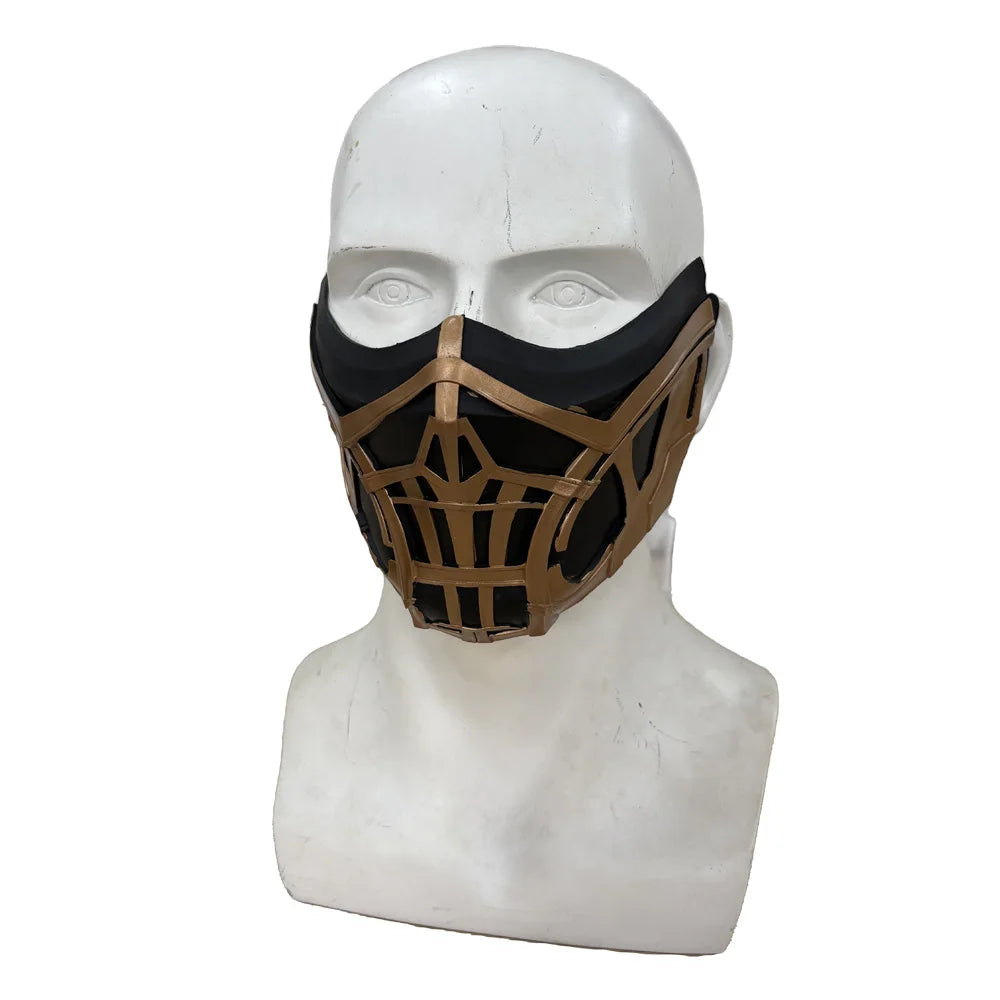 A black and bronze half-face mask for a Mortal Kombat Sub-Zero and Scorpion cosplay.