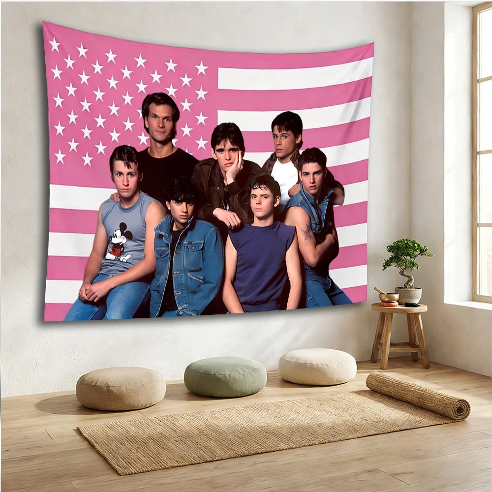 Pink retro American flag tapestry featuring a vintage-inspired design hanging on a white wall.