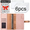 A set of six stickers with a bow on a pink leather budget planner binder and cash envelopes