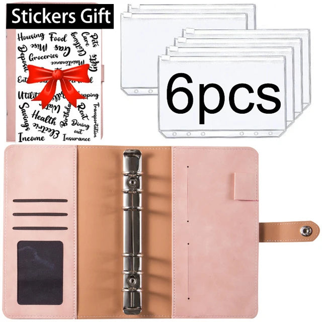 A set of six stickers with a bow on a pink leather budget planner binder and cash envelopes