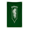 Dark green tapestry banner featuring the name Rohan above a stylized white horse silhouette