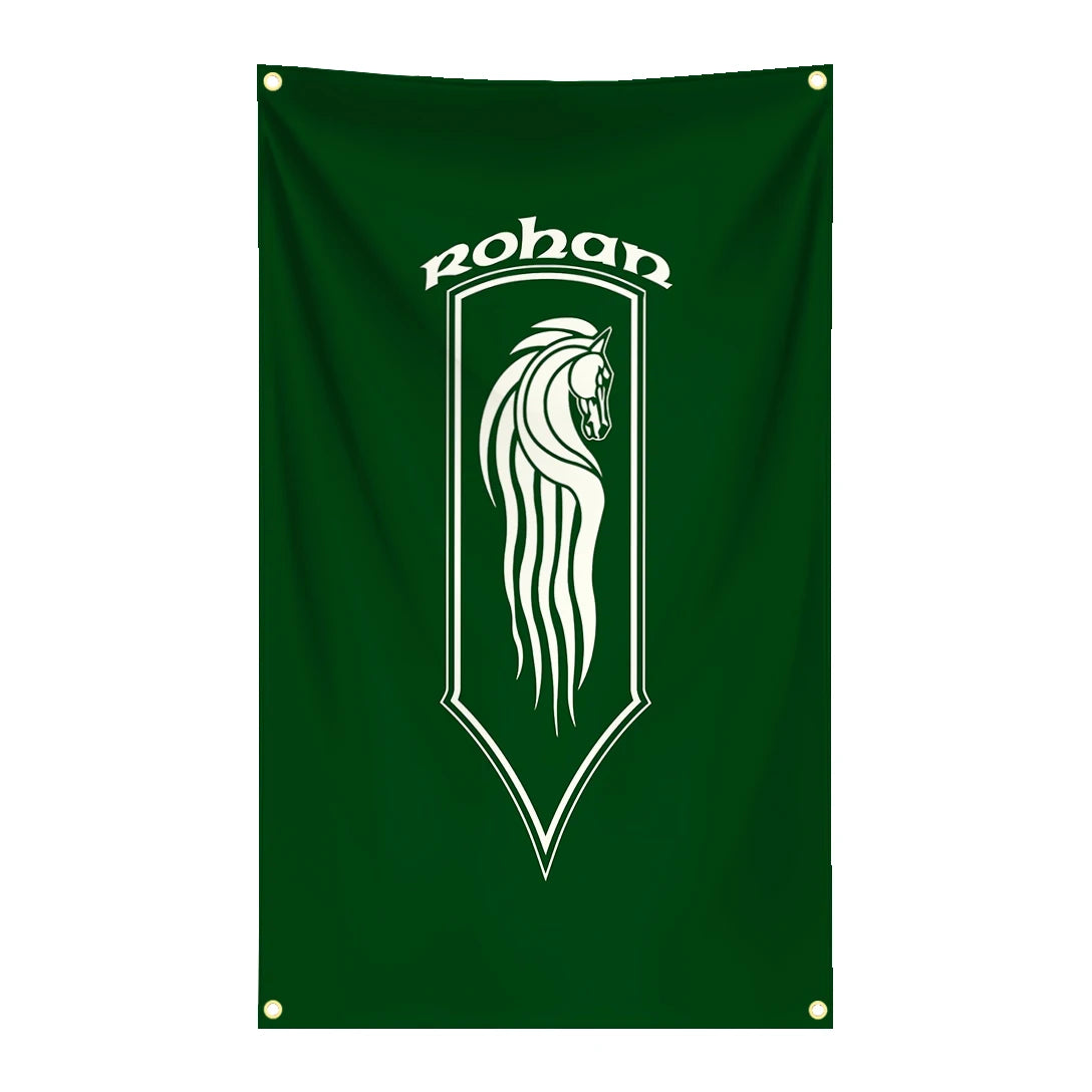 Dark green tapestry banner featuring the name Rohan above a stylized white horse silhouette