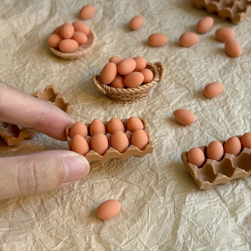 A hand is holding a small wooden tray filled with brown eggs on a wrinkled paper surface.