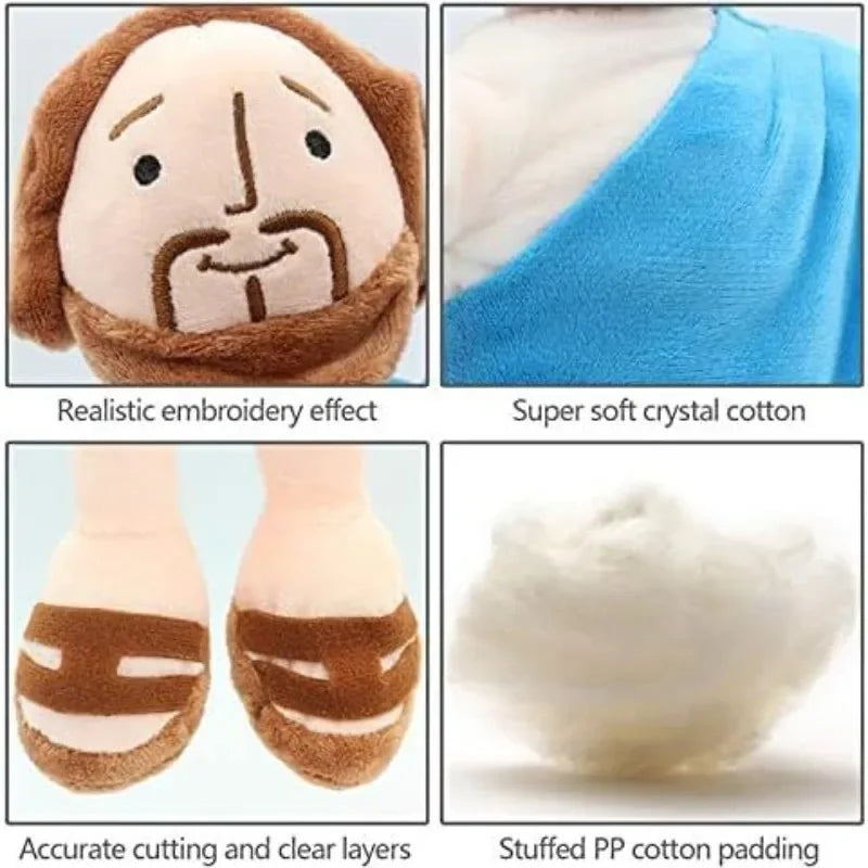 A set of plush toys featuring Jesus and a donkey, demonstrating realistic embroidery and soft crystal cotton padding.